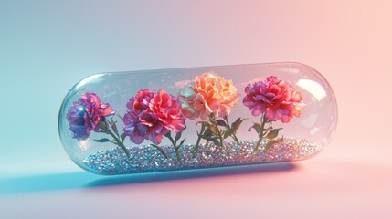 Several carnations in a transparent capsule made of thick glass, a cyberpunk capsule, water and sequins inside the capsule, a gradient of light shades