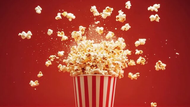 Freshly popped popcorn bursting from a striped bucket against a vibrant red background