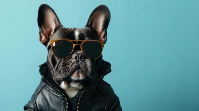 Cool confident French bulldog with black fur wearing sunglasses and leather jacket posing in studio, stylish pet animal showing cool attitude and unique personality