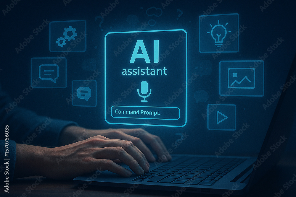 Poster ai assistant on laptop concept of artificial intelligence technology and machine learning innovation