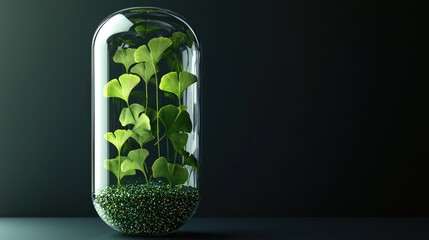 several green ginko biloba herbs in a transparent capsule made of thick glass, a soft minimalist capsule, water and sequins inside the capsule, 