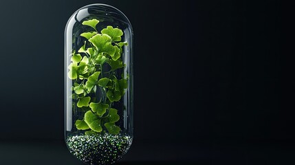 several green ginko biloba herbs in a transparent capsule made of thick glass, a soft minimalist capsule, water and sequins inside the capsule, 