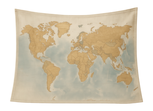 A tapestry with a detailed world map, useful for an educational corner in a child's playroom.