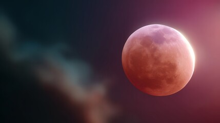 Lunar eclipse casts reddish glow over night sky with clouds in the background