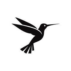 Black hummingbird in flight with spread wings and tail flying