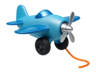 Pull-along airplane toy with rotating propellers, suitable for a child's outdoor adventure.
