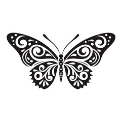 Black ornate butterfly silhouette with swirling patterns insect white