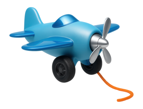 Pull-along airplane toy with rotating propellers, suitable for a child's outdoor adventure.