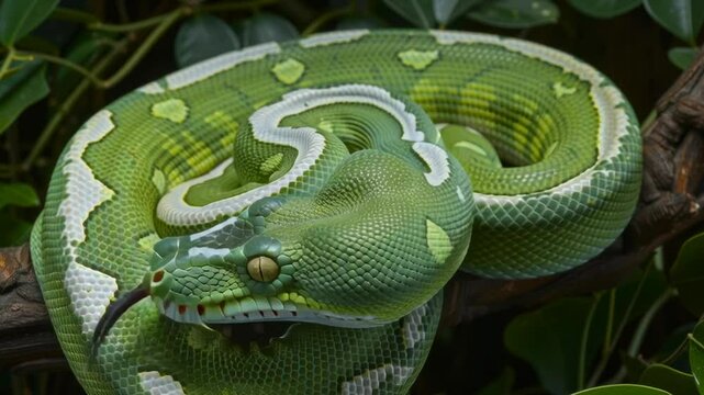 A green and white snake is curled up on a branch. The snake is small and he is resting