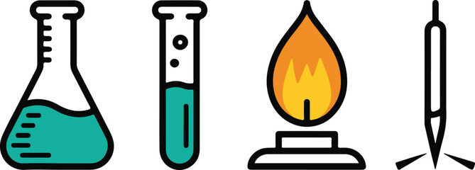 Scientific Laboratory Equipment Depiction Featuring Flasks, Test Tubes, Bunsen Burner, and Pipette Ideal for Science Education Materials