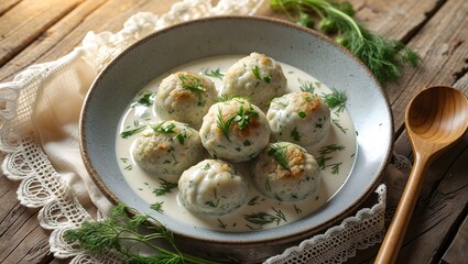 Norwegian fiskeboller with fish balls in white sauce.