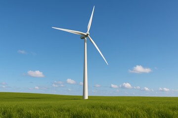 Fototapeta premium Peaceful Wind Turbine in Lush Green Field Under Blue Sky