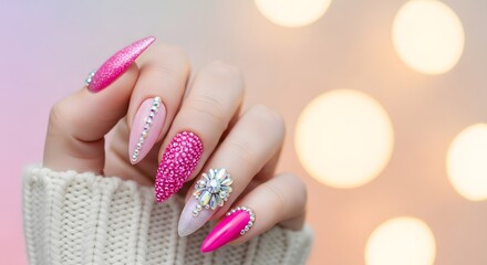 Close-up of a hand showcasing stylish, jeweled, pink and white stiletto nails.