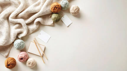 Craft Supplies for Handmade Knitting Projects with Soft Colored Yarn on White Background, Flat Lay of Yarn Balls, Knitting Needles, and Wool Fabric in Earth Tone Colors