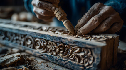 Craftsman shaping wood with carving tool. Man carver creating decorative details on block. Traditional woodworking and handicraft concept.