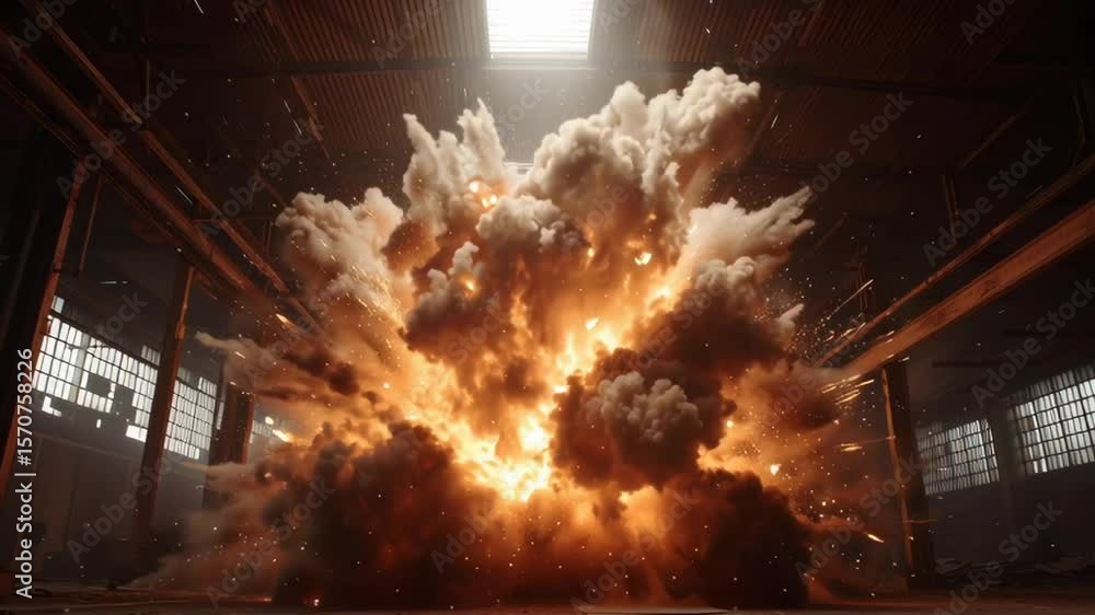 Poster a large explosion is depicted in a dark, industrial setting. the scene is filled with smoke and debr