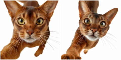 Two abyssinian cats looking down with curious expressions against a black background