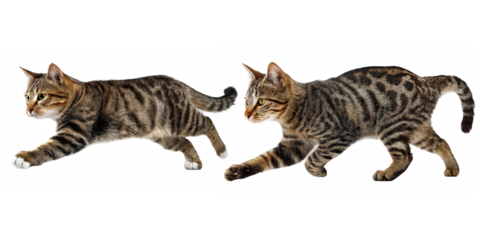 Two tabby cats in a stalking or pouncing pose against a black background side by side