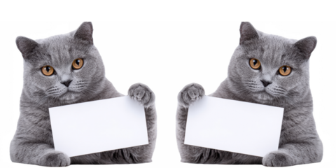 Two gray cats holding blank white signs on a black background perfect for advertisements