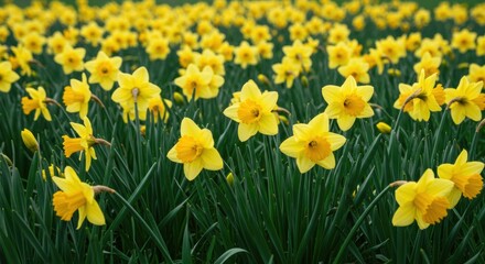 Obraz premium Vibrant yellow daffodils blooming in a spring garden field landscape