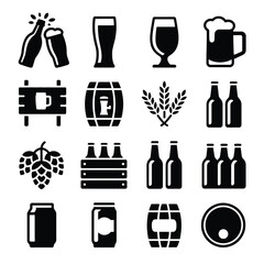 Sixteen Black Glyph Icons Depicting Beer Brewing and Consumption Elements Including Beer Bottles Cans Mugs Barrels Wheat and Hops