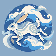 Fototapeta premium Graceful rabbit leaping amid swirling clouds, a whimsical graphic suitable for storybooks and imaginative designs.