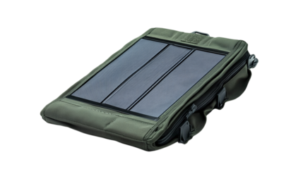 • A compact foldable solar charger for outdoor enthusiasts, isolated on white background in HD 
