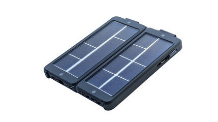 • A compact foldable solar charger for outdoor enthusiasts, isolated on white background in HD 