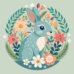 Whimsical rabbit graphic framed by foliage, perfect for spring designs, branding, or cute animal projects.