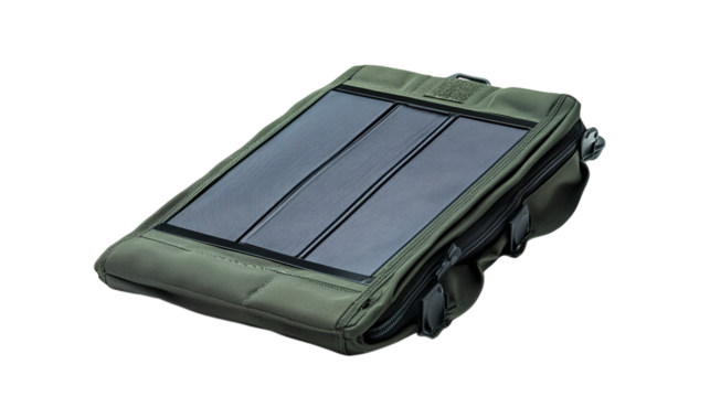 • A compact foldable solar charger for outdoor enthusiasts, isolated on white background in HD 