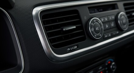 Close-up of modern car dashboard air conditioning vents and control panel