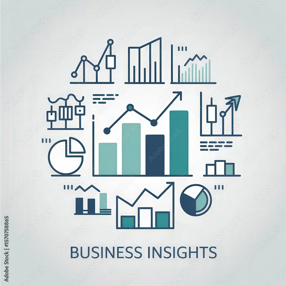 Poster circular arrangement of stylized lineart graphs and charts on a light gray background with the text 