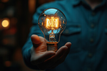 Hand Holding Glowing Light Bulb in Focus, Symbolizing Creative Idea and Innovation
