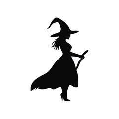 Silhouette of a witch with a pointed hat and broom halloween magic