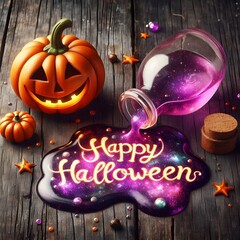 An illustration of a friendly jack-o'-lantern sitting on a rustic wooden table next to a tipped-over potion bottle. A thick, glowing, purple magical liquid spell the words "Happy Halloween"
