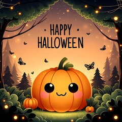 A digital illustration of a cute, chubby, and smiling jack-o'-lantern in the center of a magical forest. The pumpkin's cheerful light casts a playful black shadow that spells out "Happy Halloween"