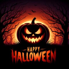 A spooky digital illustration of a fiercely carved jack-o'-lantern with a menacing grin, sitting in a dark, gnarled forest. The bright orange twilight sky silhouettes the spooky trees.