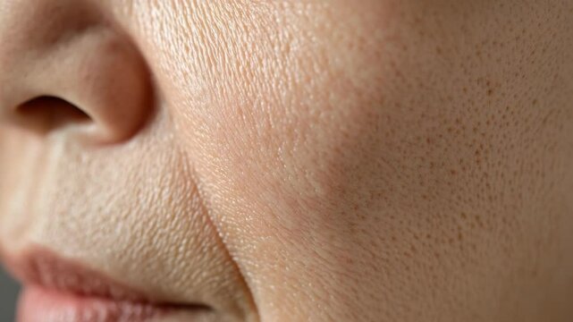 Close up of human skin texture showing pores, fine lines, and subtle wrinkles on cheek and nose with natural lighting highlighting detailed surface softness and natural face features
