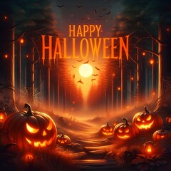A digital illustration of Halloween background. Add pumpkin Halloween in centered. The background is glowing with orange twilight dusk in forest.