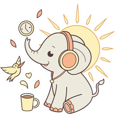 Whimsical Baby elephants feeling Relaxed in a Morning sunshine setting with wearing headphones – colored in Sunny Mornings
