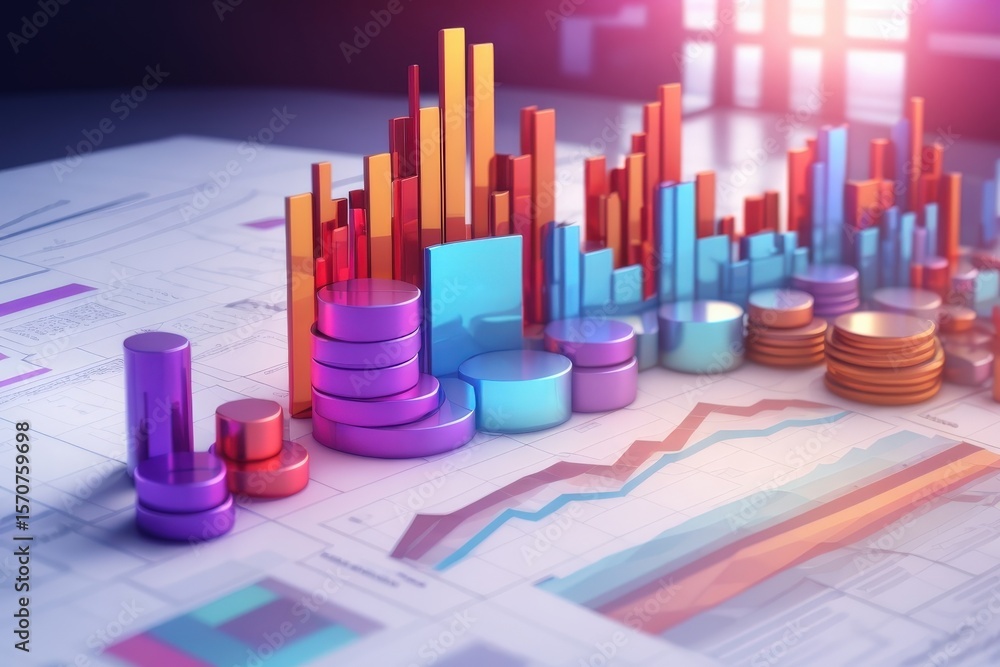 Poster colorful charts and stacks on financial report bar line graphs