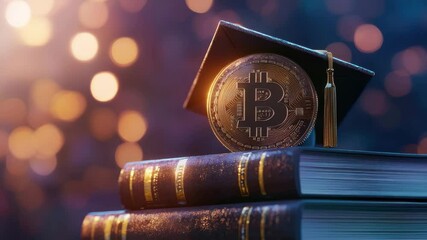 Cryptocurrency coin with graduation cap on stack of books symbolizing education knowledge finance digital currency blockchain technology warm bokeh light background digital finance learning - Powered by Adobe