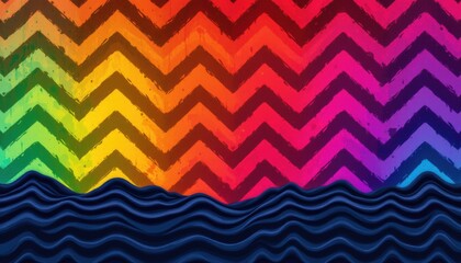 create a digital illustration with a chevron background featuring a rippled rainbow and black pattern, the subject of the image should be positioned at the bottom