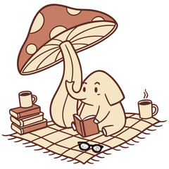 Charming SVG of a Relaxed Baby elephants featuring under a mushroom, styled in a Bookworm Day theme with Cozy Reading hues
