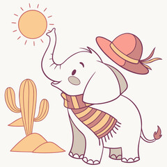 A Sleepy Baby elephants with with a scarf in a Desert sunset theme – Sundown Glow palette SVG illustration