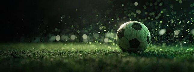 A worn soccer ball rests on a lush, green field, illuminated by a soft light amidst a flurry of sparkling particles in the dark