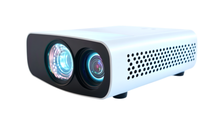• A compact travel-friendly projector displaying a vivid screen, isolated on white background in HD 