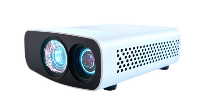 • A compact travel-friendly projector displaying a vivid screen, isolated on white background in HD 