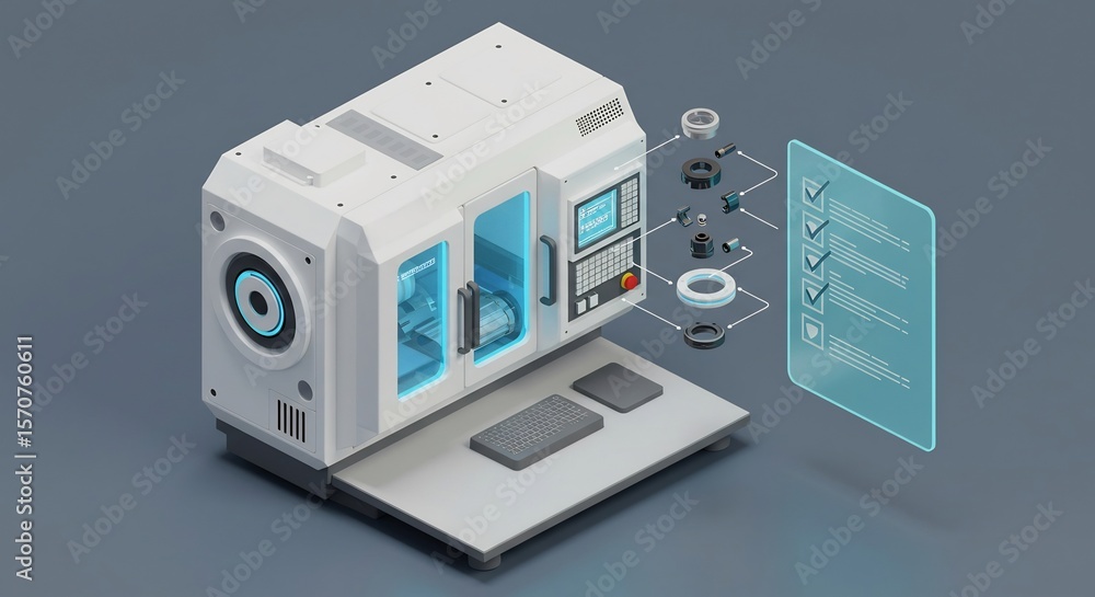 Poster inspecting modern machine parts with a checklist concept
