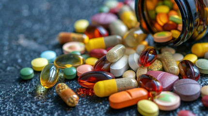 Colorful Vitamins and Supplements Spilled from a Glass Bottle